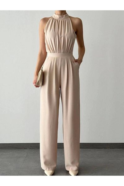 Diemmood Women's Halter Neck Crepe Fabric Jumpsuit