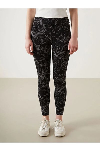 LC Waikiki Black Elastic Waist Combed Cotton Slim Fit Patterned Women's Leggings