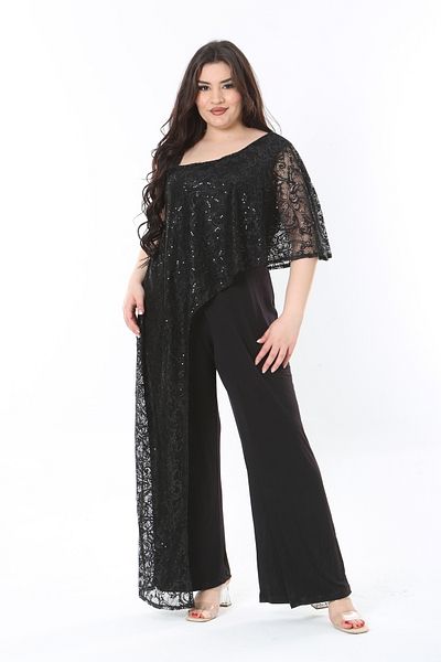 Şans Women's Large Size Black Lace Detailed Jumpsuit 65N19614