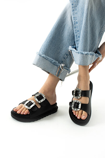 nurness Рубинени дамски чехли с катарама и каменни детайли