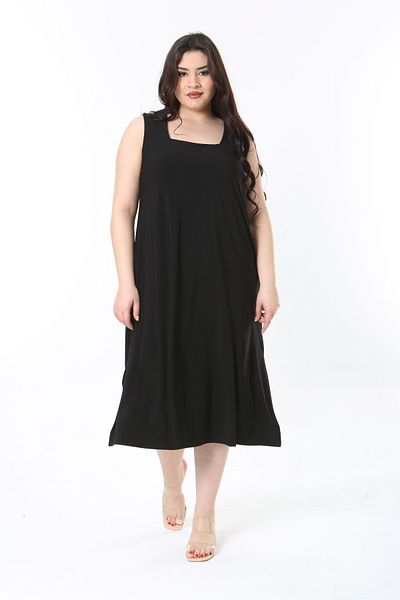 Şans Women's Large Size Black Square Collar Relaxed Cut Buzy Fabric Dress 65N38851