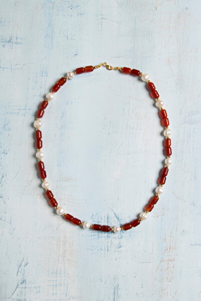 Deniz Doğal Taş Sertifikalı Akik, İnci ve Hematit Özel Tasarım Doğal Taş Kolye