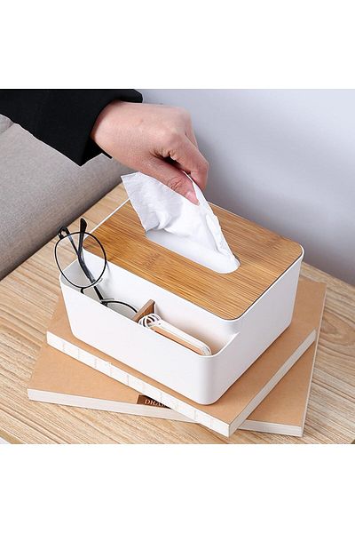 COOYA Multifunctional Tissue Box with Lifting Fragments, Remote Control Holder and Luggage Holder, White