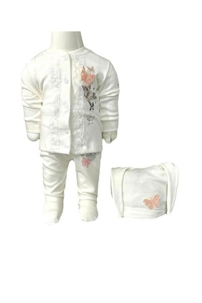 Aziz Bebe Baby Girl Butterfly Patterned Cardigan Trousers Beanie Set 0-6 Months Fat