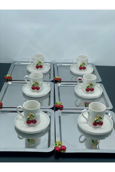YzHome 6 Kişilik Porselen Kiraz Fincan Takımı Seti 90ml ve 6 Adet Metal Kirazlı Sunum Tepsisi Tepsi 22cm