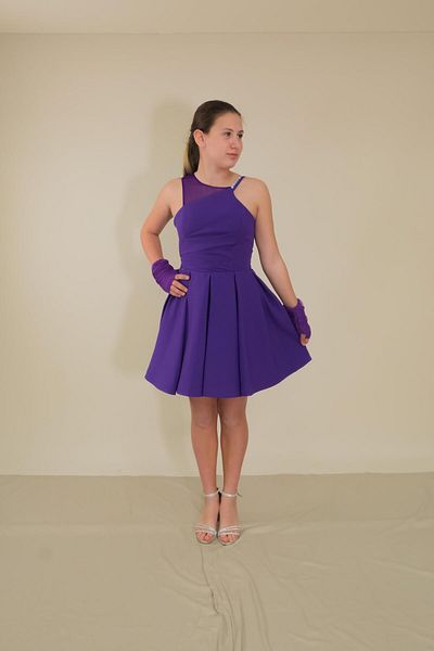 BUTİKHAPPYKİDS Girl's Evening Dress Crepe Fabric Purple One Shoulder Tulle Strap Short Evening Dress with Gloves 10-15 Years