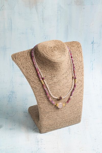 Deniz Doğal Taş Certified Tourmaline, Pink Quartz & Garnet Special Design Necklace Set