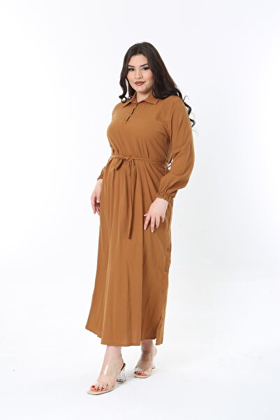 Şans Γυναικείο μακρύ φόρεμα σε μεγάλο μέγεθος Sütlükkahve με μπροστινό και πλαϊνό μπουτόν με λεπτομέρεια 65N38855
