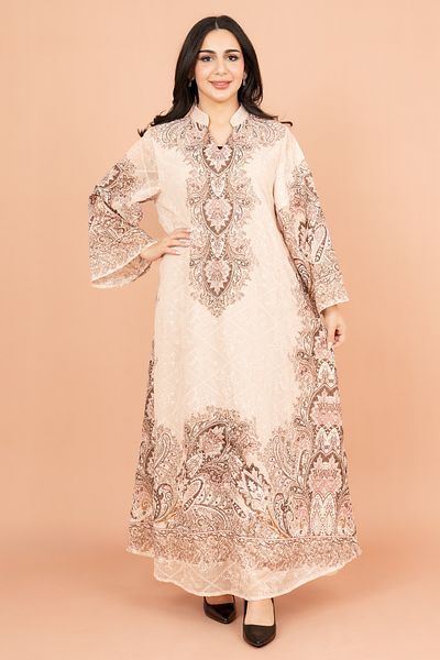 IKKXA Floral Pattern Printed Embroidered Jalabiya