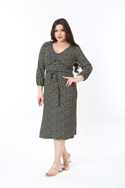 Şans Жіноче велике чорне плаття з довгими рукавами, прикрашене деталями на талії та декоративними ґудзиками 65N38839