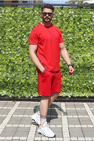 EydaMoon Men's Red Set of 2 Regular 100% Cotton Single Jersey Combed Cotton Fabric Top and Bottom Set