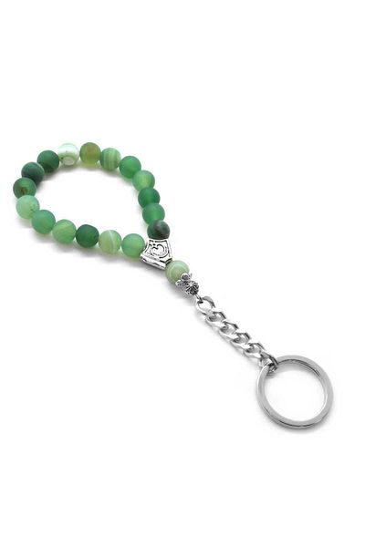 Tesbihane Matte Green Agate Natural Stone-chrome Steel Combination Rosary Keychain