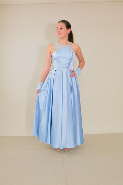 BUTİKHAPPYKİDS Βραδινό φόρεμα για κορίτσια Baby Blue μακρύ σατέν ασύμμετρο γιακά Διχτυωτό πέτρινο λουράκι Βραδινό φόρεμα με γάντια από τούλι 10-15