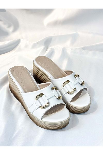 bulutmod Ba04464 White Leather Women's H Buckle Daily Evening Dress Wedge 7cm Heeled Slippers - 37