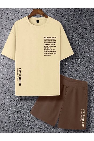 PENTHİLUS Tricou pentru bărbați cu 2 piese, cu imprimeu grafic și text, pantaloni scurți cu șireturi în talie
