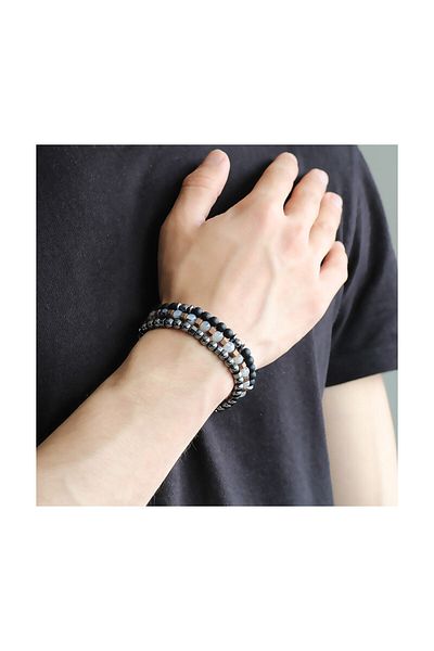 Tesbihane Black Hematite and Onyx Bracelet Sphere Cut Natural Stone Bracelet - 104000540