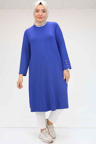 Eslina 38015 Large Size Button Detailed Combed Cotton Tunic - Indigo