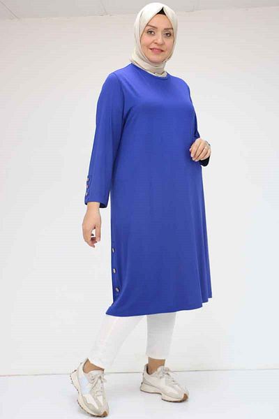 Eslina 38015 Large Size Button Detailed Combed Cotton Tunic - Indigo