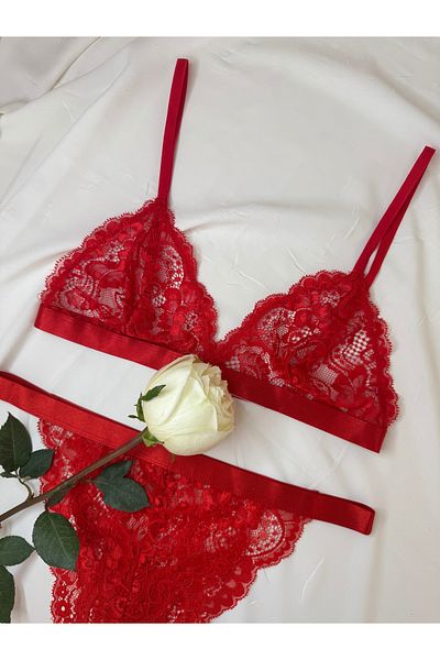 ROZENİN LINGERIE New Season Red Shiny Tape Detailed Lace Bralet Bra Set