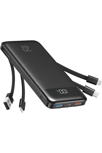 erorex بنك طاقة مع كابلات مدمجة، حزمة بطارية USB C سعة 20000 مللي أمبير/ساعة، 5 مخرجات، 4 مدخلات، مع شاشة LED