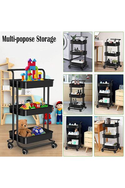 erorex 3 Tier Rolling Cart Multifunction Storage Utility Shelves Cart With Handle And Lockable Wheels For