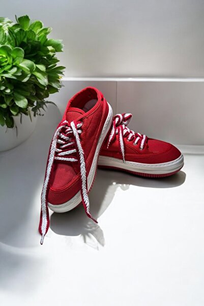 LANDSHOES Yüksek Taban Sneaker Keten Kumaş Bağcıklı Kırmızı Kadın Spor Ayakkabı