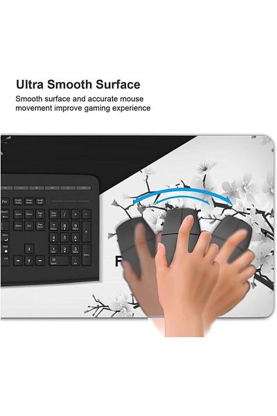 erorex لوحة ماوس ألعاب 80 × 30 × 0.3 سم، لوحة ماوس كبيرة ممتدة للمكتب مع نقش زهر الكرز الأسود والأبيض