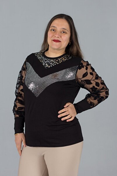 Truva XXL Large Size Tulle Detailed Blouse Black