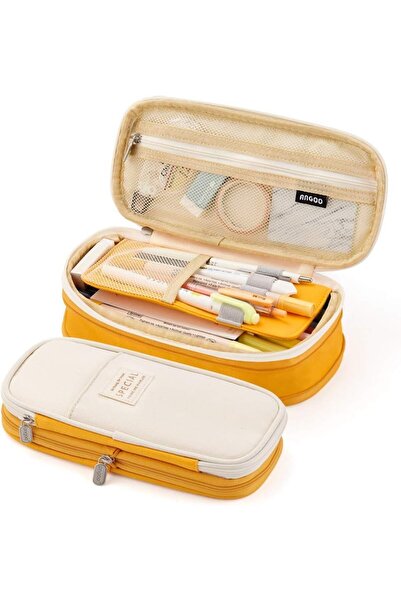 Generic Large Capacity 3 Layer Canvas Pencil Case Yellow
