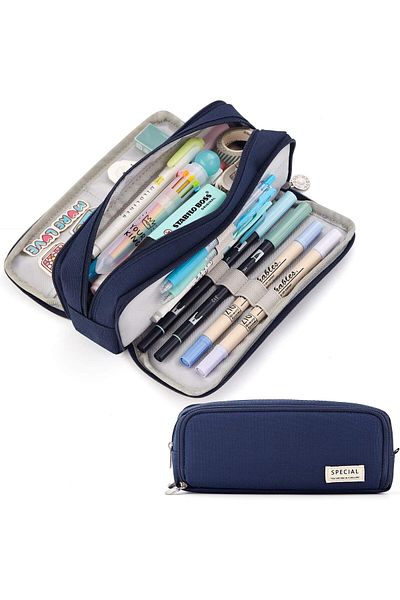 erorex Large Capacity Pencil Case 3 Compartment Pouch Pen Bag For School Teen Girl Boy Men Women Navy