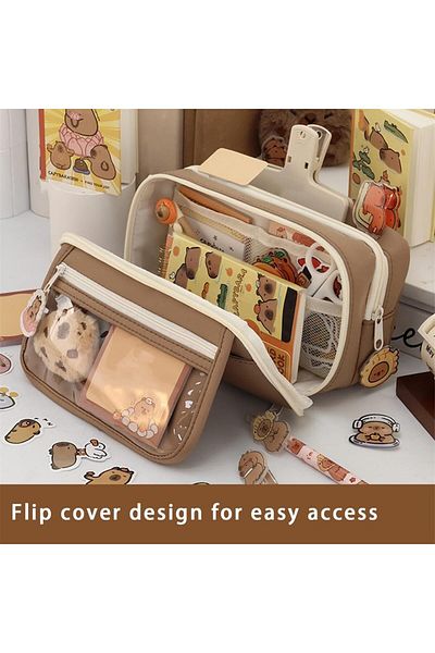 erorex Capybara Pencil Case Set Clear Aesthetic Pen Pouch With Plush Pins And Multi Layer Compartments