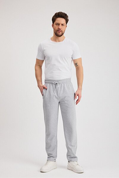 mmetalic Gri Erkek Fermuarlı Cepli Nakış Detaylı Düz Paça Rahat Kesim Günlük Eşofman Altı