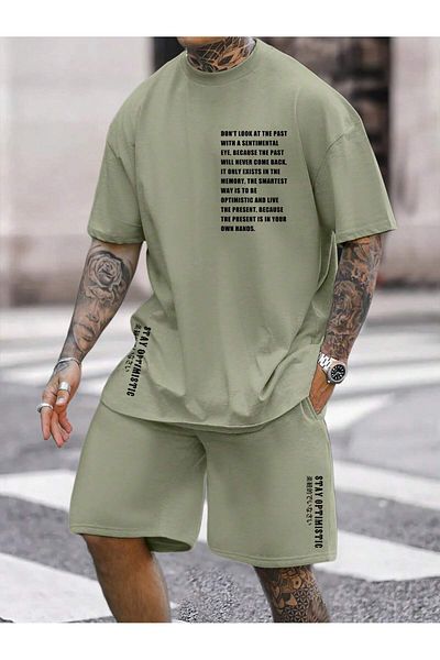 aynewmoda 2-Piece Men's Graphic and Text Printed Lace-Up Waist Shorts T-Shirt