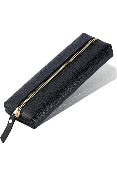 erorex Leather Pen Case Portable Cowhide Pencil Pouch With Zipper Soft Black Simple Pen Bag For Adults