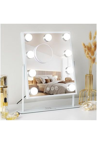 COOYA Vanity Mirror with Lights ,with 9 LED Bulbs, 3Colors Dimable Light Detachable 10X Magnification