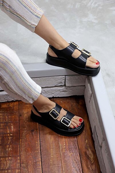 Beyond Women's Black Cpt Wedge Heeled Double Tape Buckle Leather Sandals 4cm Byndcpt03