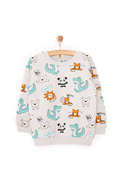 ebebek Hello Baby Hellobaby Baby Boy Sweatshirt Raised Dinosaur Pattern Snap Fastener Crew Neck Long Sleeve