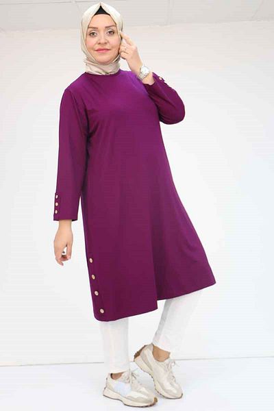 Eslina 38015 Large Size Button Detailed Combed Cotton Tunic - Plum
