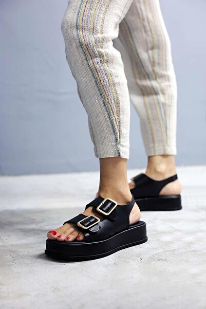 Beyond Women's Black Cpt Wedge Heeled Double Tape Buckle Leather Sandals 4cm Byndcpt03