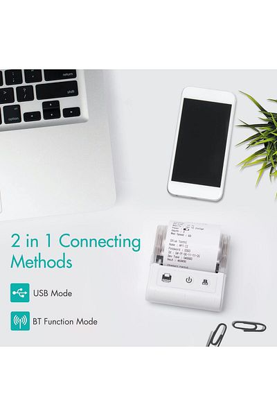 erorex طابعة فواتير حرارية صغيرة محمولة، اتصال USB وBT، 2 بوصة، طابعة لاسلكية 57 مم، عالية الوضوح