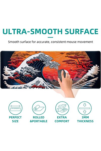 erorex لوحة ماوس ألعاب كبيرة بتصميم أمواج البحر اليابانية لمكتب المكتب مع حواف مخيطة ووسادة مكتب مقاومة للماء