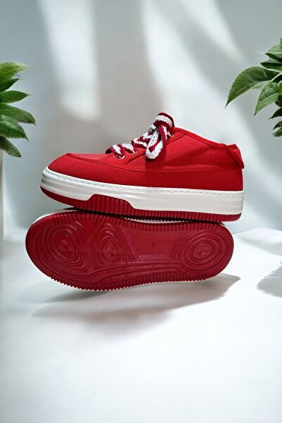 LANDSHOES Yüksek Taban Sneaker Keten Kumaş Bağcıklı Kırmızı Kadın Spor Ayakkabı