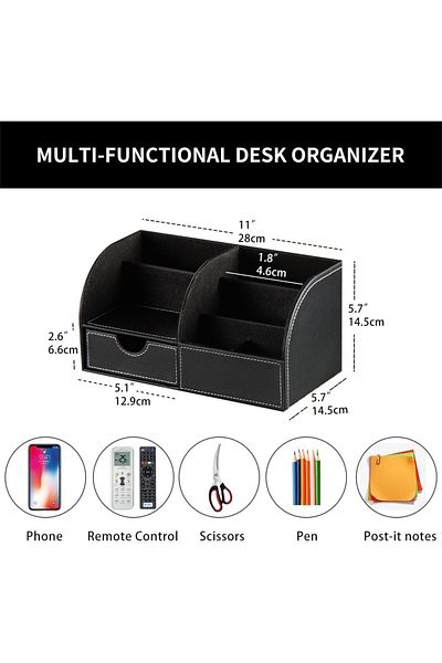 erorex Desk Organiser With Drawer Pu Leather Multifunctional Storage Box Office Stationery Desktop Leather