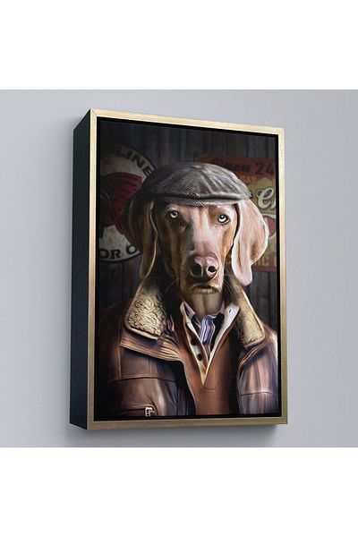 Harita Sepeti Pictură decorativă de perete pentru câine cu șapcă în ținută umană în cadru auriu