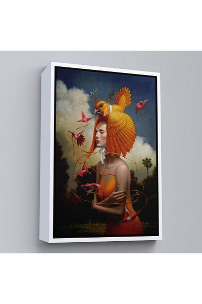Harita Sepeti Pictură în ulei surrealistă cu cadru alb, pasăre feminină, Steven Kenny, pictură pe pânză