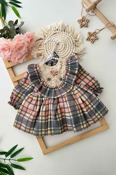 Minigimin Cicileri Multicolored Detailing My Little One's Ciceler Fabric Collar Ruffle Detailed Girl's Dress