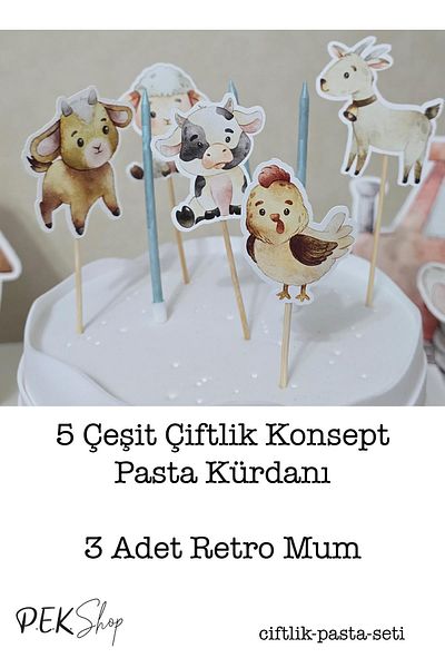 PEKSHOP Farm Animals Concept Cake Toppers Set Cake Candle and Cake Picks Decoration Set 8 Pieces