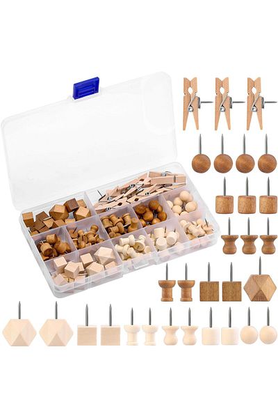 erorex 114 Pcs Decorative Wooden Head Pins In 2 Colors And 7 Types Thumb Tacks For Bulletin Boards And