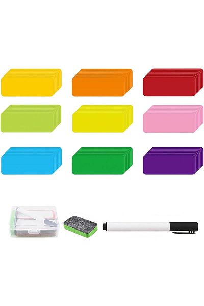 erorex 63Pcs Writeable Magnetic Strips 3 * 8Cm Reusable Magnetic Dry Wipe Labels 9 Colors Magnetic Labels