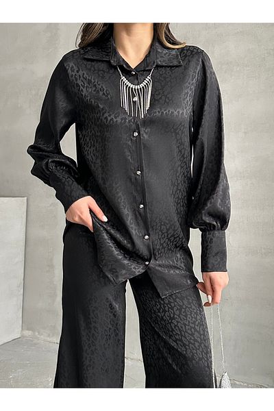 MD trend Women's Necklace Detailed Patterned Satin Oversize Shirt and Trousers Double Set
